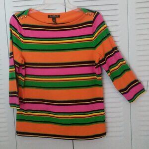 LRL LAUREN RALPH LAUREN PL BLACK LABEL COTTON BLEND MULTI STRIPED BOAT NECK 3/4